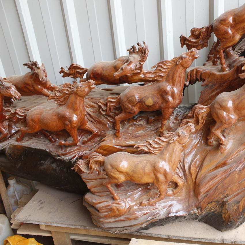 草花梨萬馬奔騰工藝品木雕家居擺件 馬到成功公司擺設 八俊圖禮品